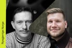 o personer med uskarpe ansikter. Venstre side viser et svart-hvitt bilde av en person med mønstret genser, mens høyre side viser en fargefotografi av en person med mørk jakke. Teksten "Nysgjerrige Norge" vises på gul bakgrunn til venstre.