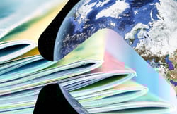 To bilder kombinert av bunke med magasiner og jordklode