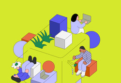 Illustrasjon av tre personer rundt en stor kubeformet struktur: én sitter på toppen med en bærbar datamaskin, én ligger på siden og holder en blomst, og én sitter på en oransje kube og ser på blomster/planter. Scenen er omgitt av geometriske former og planteillustrasjoner, med en lys gulgrønn bakgrunn.