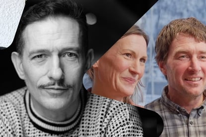 Et svart-hvitt bilde av en mann satt sammen med et bilde av en kvinne og en mann i farger.