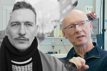 Sammensatt portrettbilde av to personer. Til venstre vises et svart-hvitt nærbilde av en person med skjerf, og til høyre en person med briller i et laboratoriemiljø. Bildene er delt av en diagonal grafisk form.
