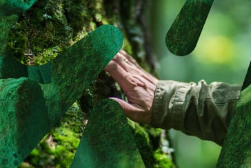 Illustrasjonsbilde av en hånd som tar på en mosekledd trestamme