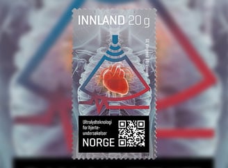 Frimerke med illustrasjon av ultralydundersøkelser av hjerte