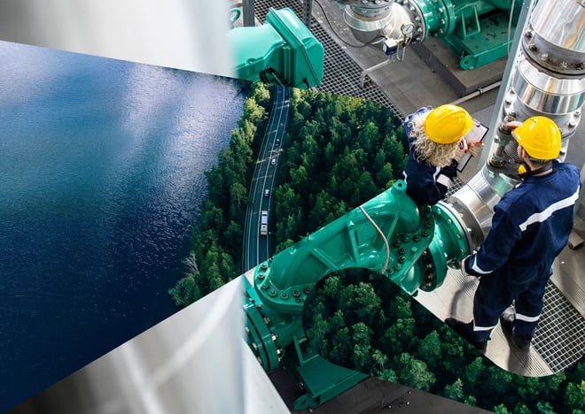 Hav, skog, vei kombinert med bilde av industriarbeidere