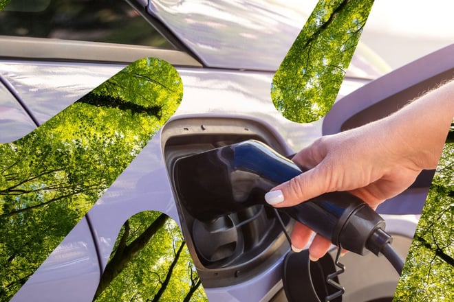 To bilder kombinert, ett nærbilde av en elbil som lader og et bilde av en skog sett nedenifra