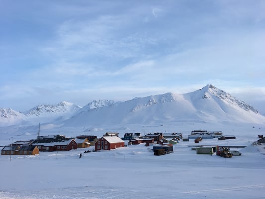 Winter photo of the research settlement Ny-Ålesund in Svalbard