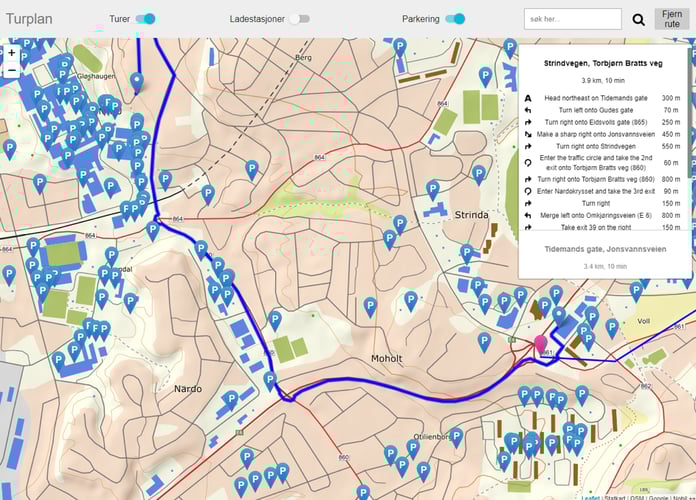 Et digitalt kart som viser parkeringsplasser