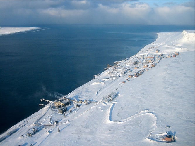 Photo from the air of snowcovered Barentsburg in Svalbard