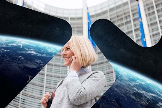 To bilder kombinert. Det ene er et satelittbilde som viser en det av jordkloden, det andre er en dame foran kontorbygg i Brussel. 