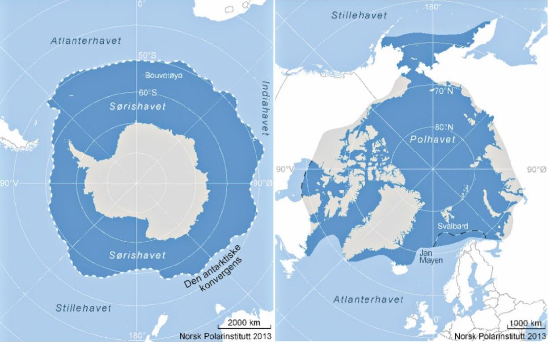 Illustrasjon av de geografiske områdene Antarktis og Arktis definert i Forskningsrådets Policy Norsk polarforskning