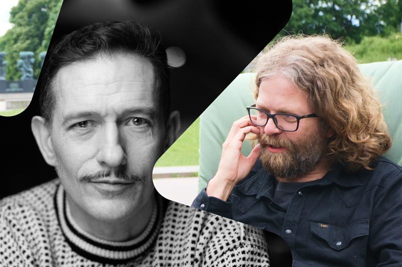 Collage av to fotografier med ansikter: venstre bilde er i svart-hvitt og viser en person med mønstret strikkegenser, mens høyre bilde er i farger og viser en person med langt krøllete hår, skjegg og briller som sitter utendørs med grønt gress og trær i bakgrunnen. Foto av Kagge forlag/Agnete Brun og Andreas Kjensli Knudsen.