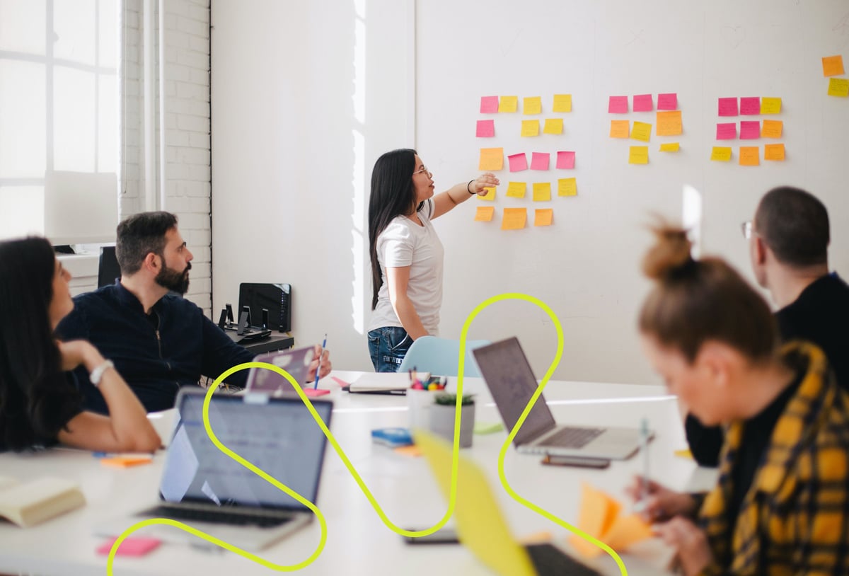 Fem personer som samarbeider og bruker post-it lapper