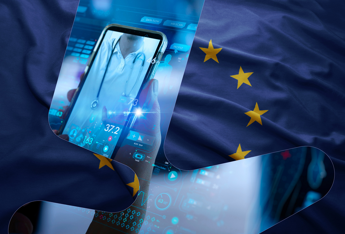 EU-flagg kombinert med bilde av hånd som holder en mobil. Bildet skal illustrere klynge 3 i Horisont Europa