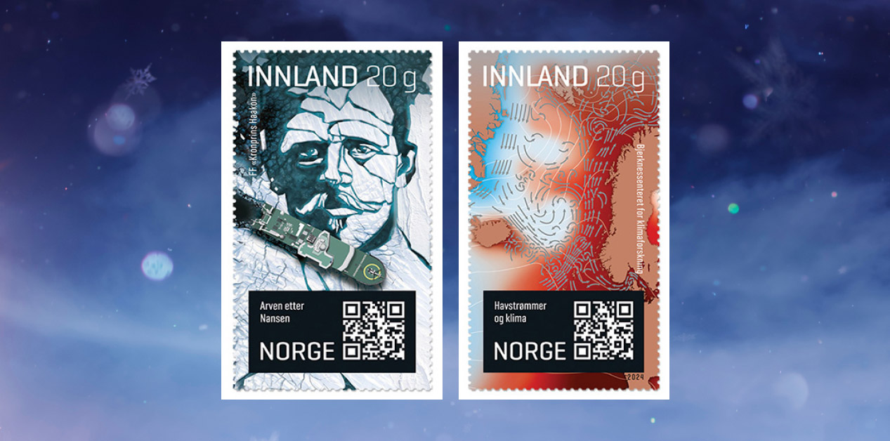 To frimerkerer på en bakgrunn som viser en mørk vinterhimmel med dalende snø og stjerner.